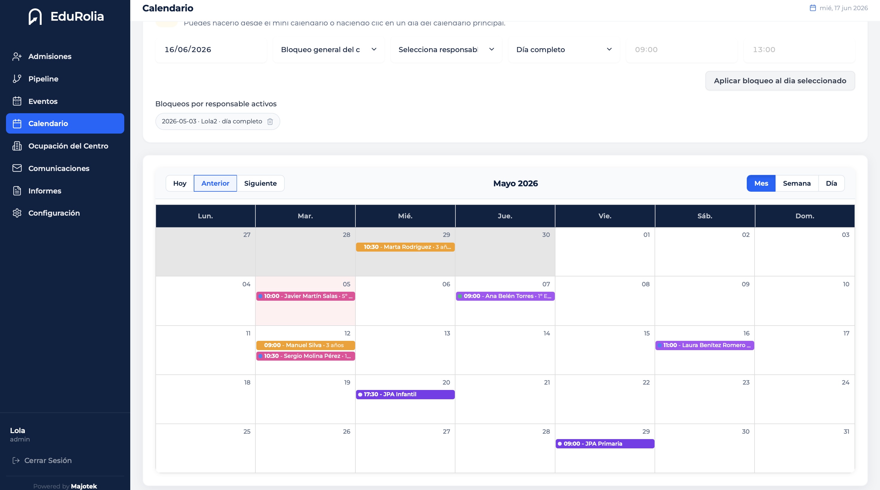 Captura del calendario